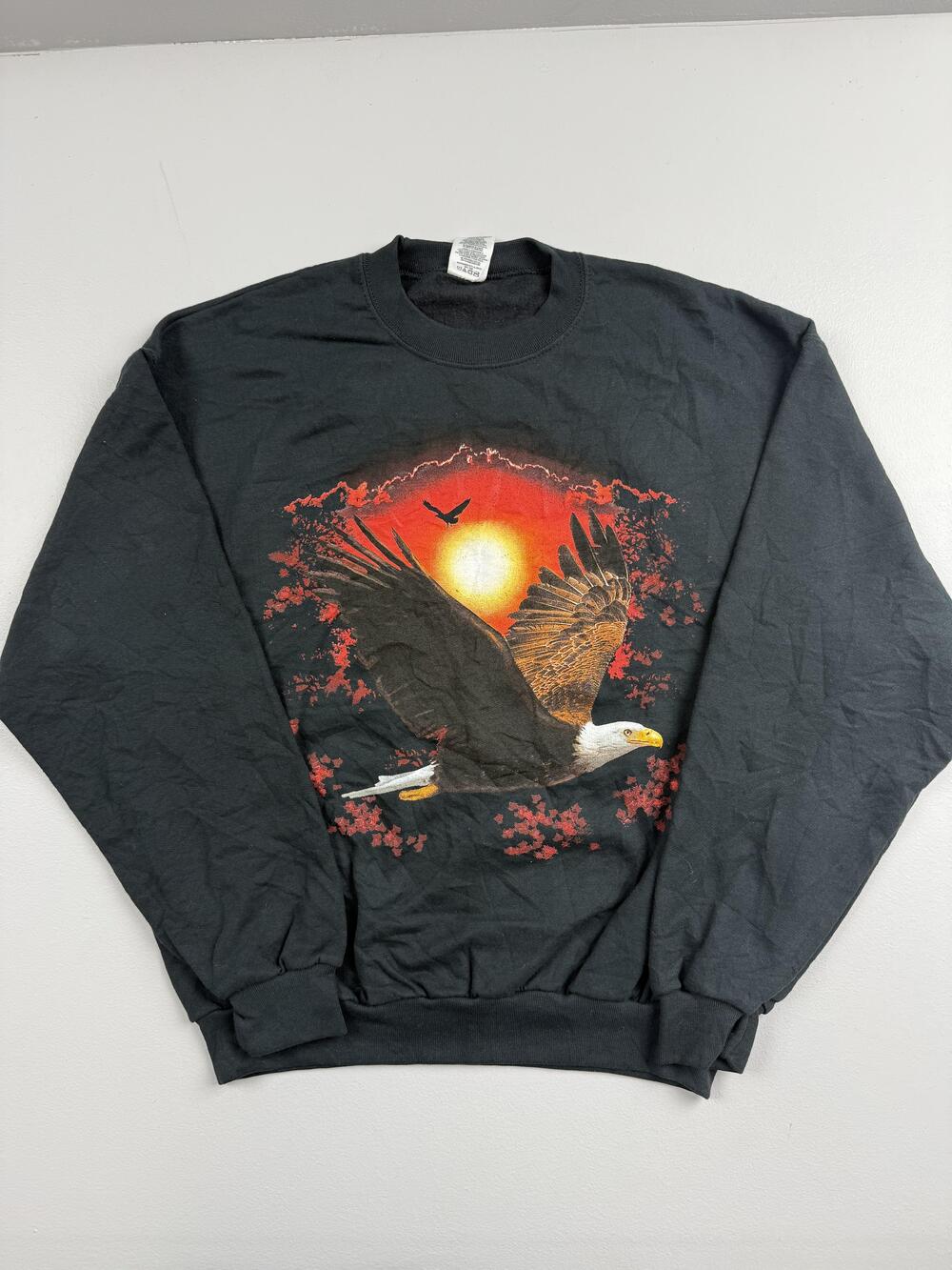 Jerzees Sweatshirt Mens Large Black Fleece Crewneck Bald Eagle Sunset Graphic